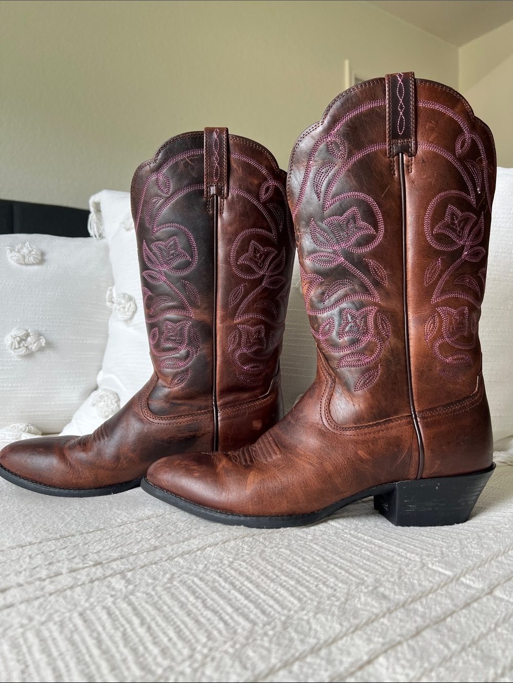 Ariat Brown Leather Western Heeled Boots with Pink Stitching - Picture 1 of 12